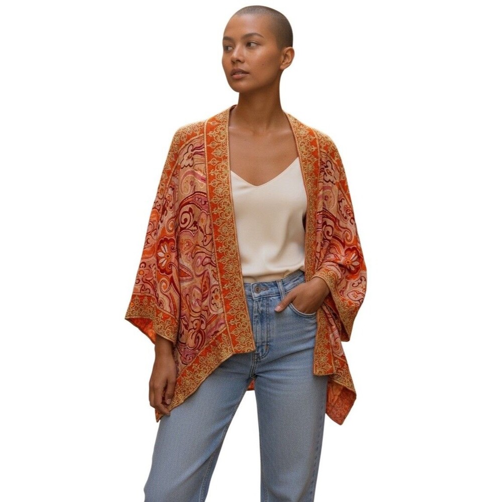 Soft Surroundings Boho Pink/Orange Paisley Floral Kimono Gold Embroidered L/XL